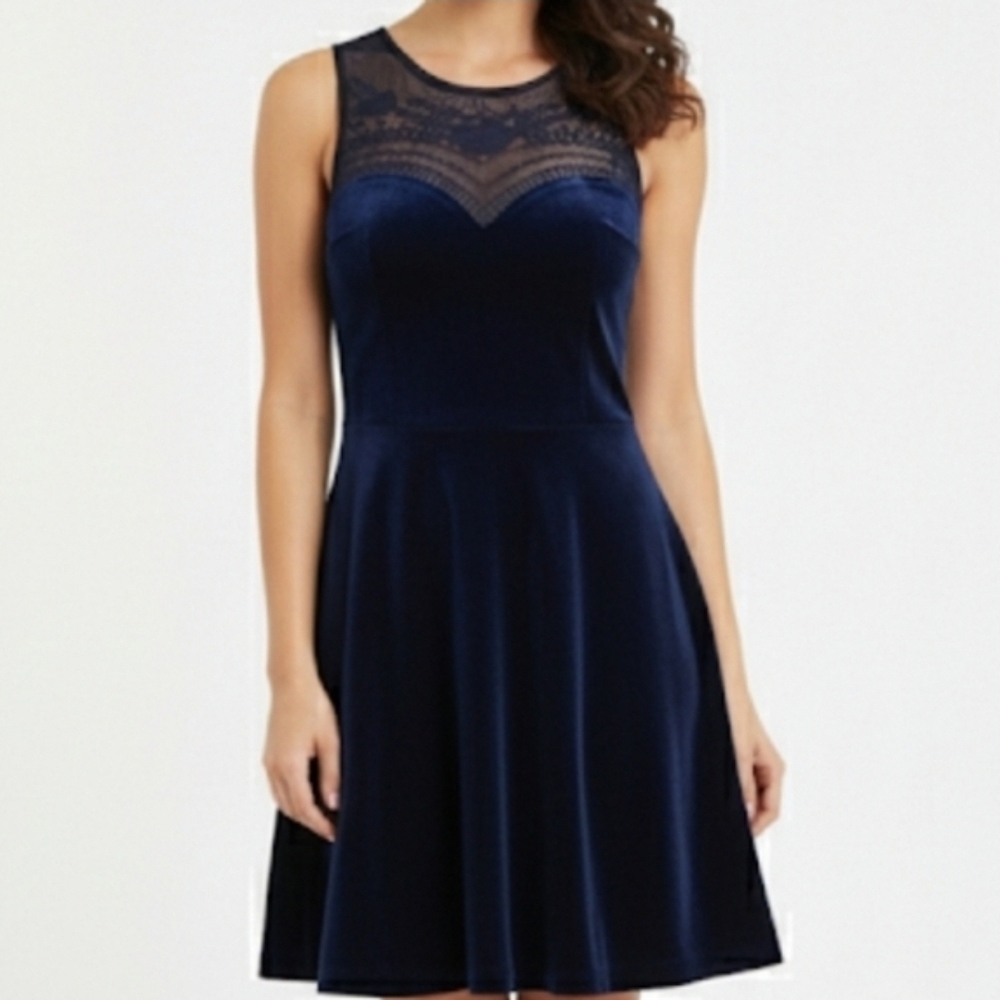 Blue Velvet Holiday Party Dress Fit and Flare Sheer top Whimsigoth